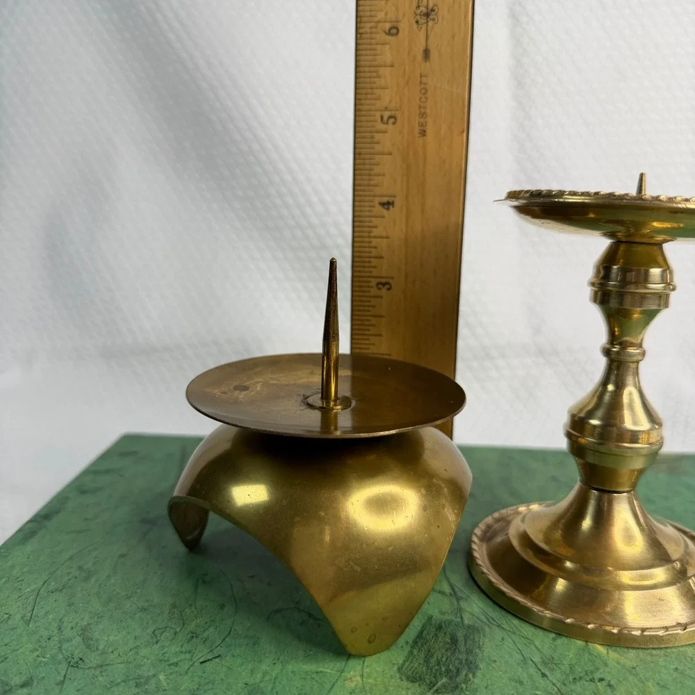 Vintage Solid Brass Pricket Candle Holder Set 2 Japan Gold MCM Pedestal Tripod